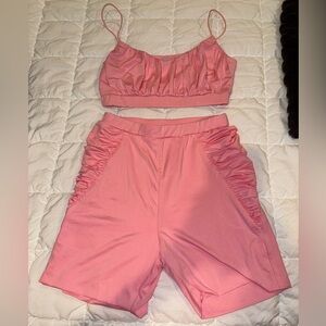Pink Ruched Crop Top and Shorts Set